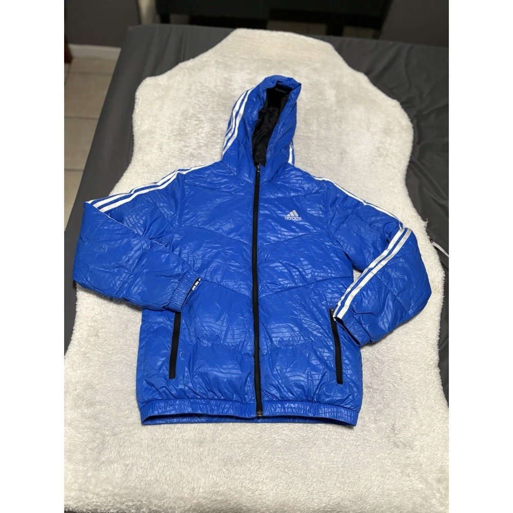 Adidas Boys‎ Large 14-16 Blue Zip Up Puffer Jacket 3 Stripes Hooded